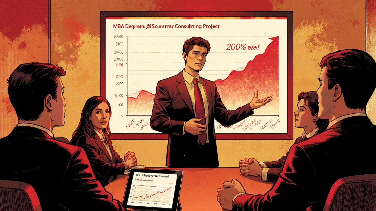 A professional presenting a successful consulting project to executives, no MBA degree visible.