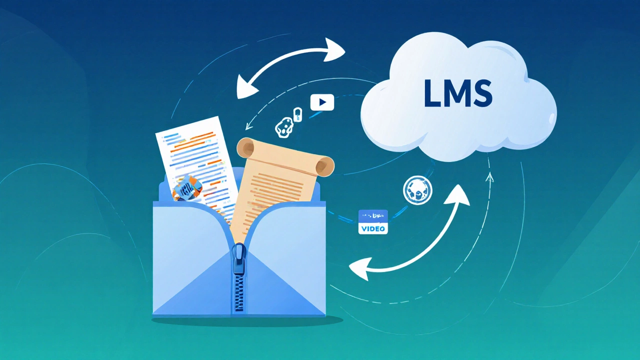 A SCORM package opening to reveal HTML, video, and manifest icons connecting to an LMS server.