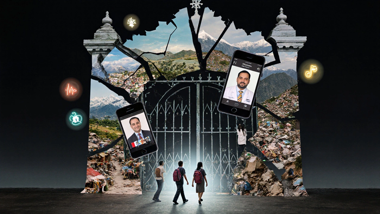 A shattered gate with smartphones above showing NV Sir’s face, symbolizing free access to education across India.