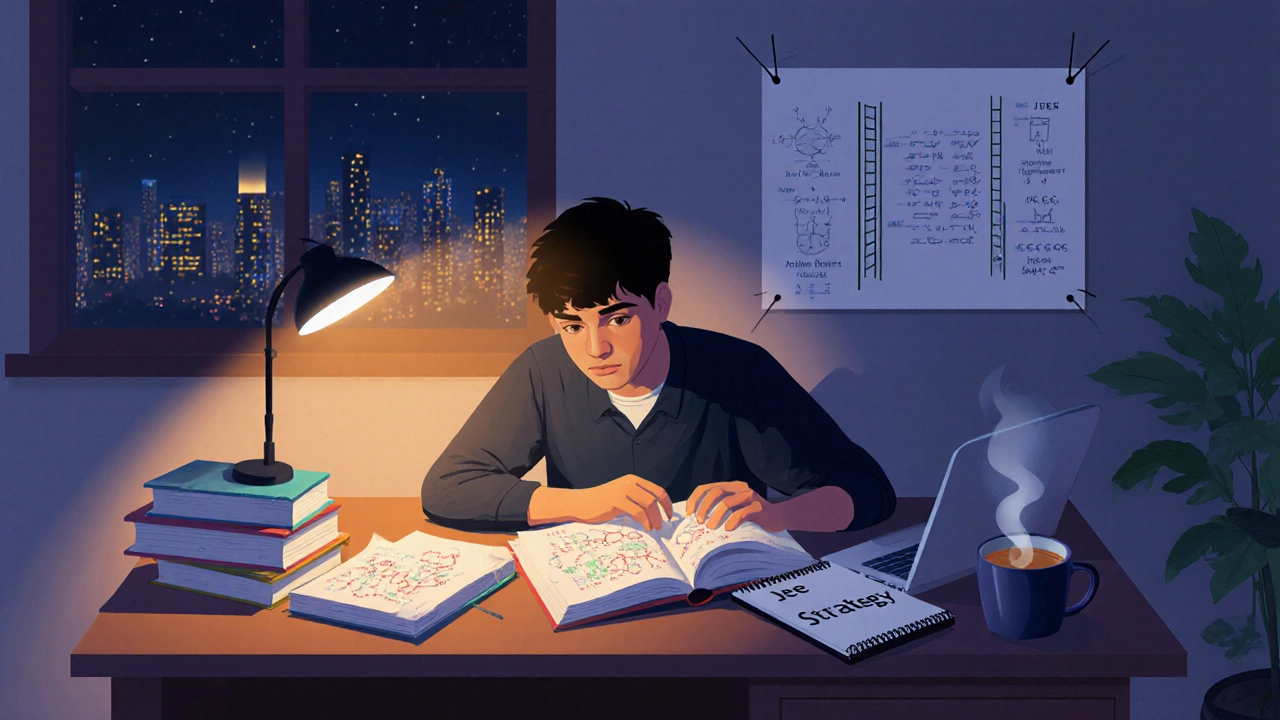 A student studying late at night surrounded by textbooks, a laptop, and a rank chart under a warm lamp.
