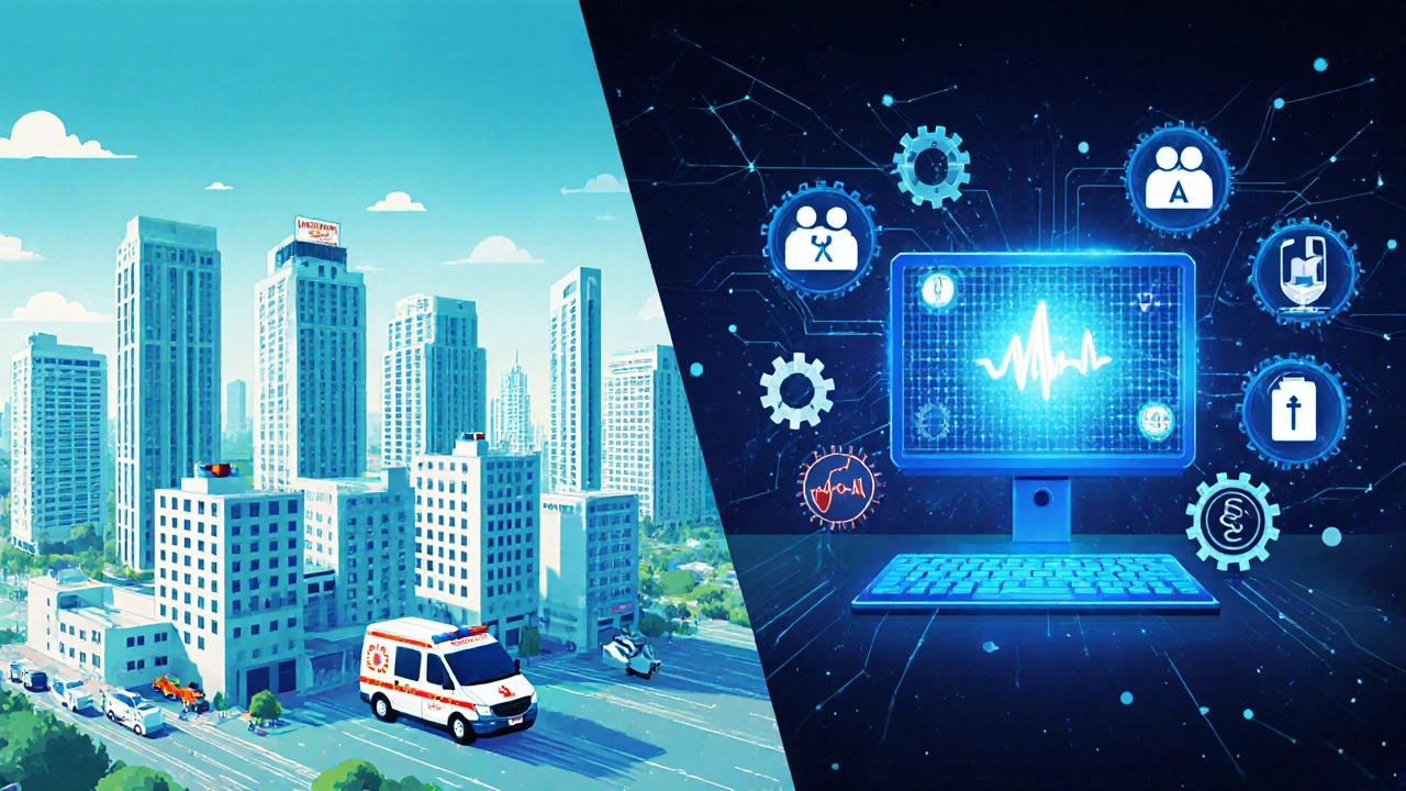 Artistic split scene showing a hospital skyline, tele‑ICU control room, and health‑tech symbols.