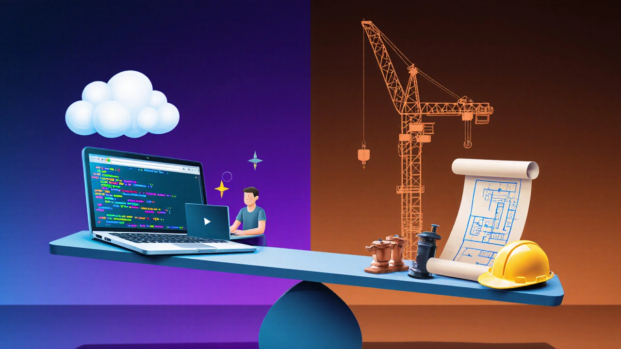Balance scale comparing coding symbols to traditional engineering tools in contrasting colors.