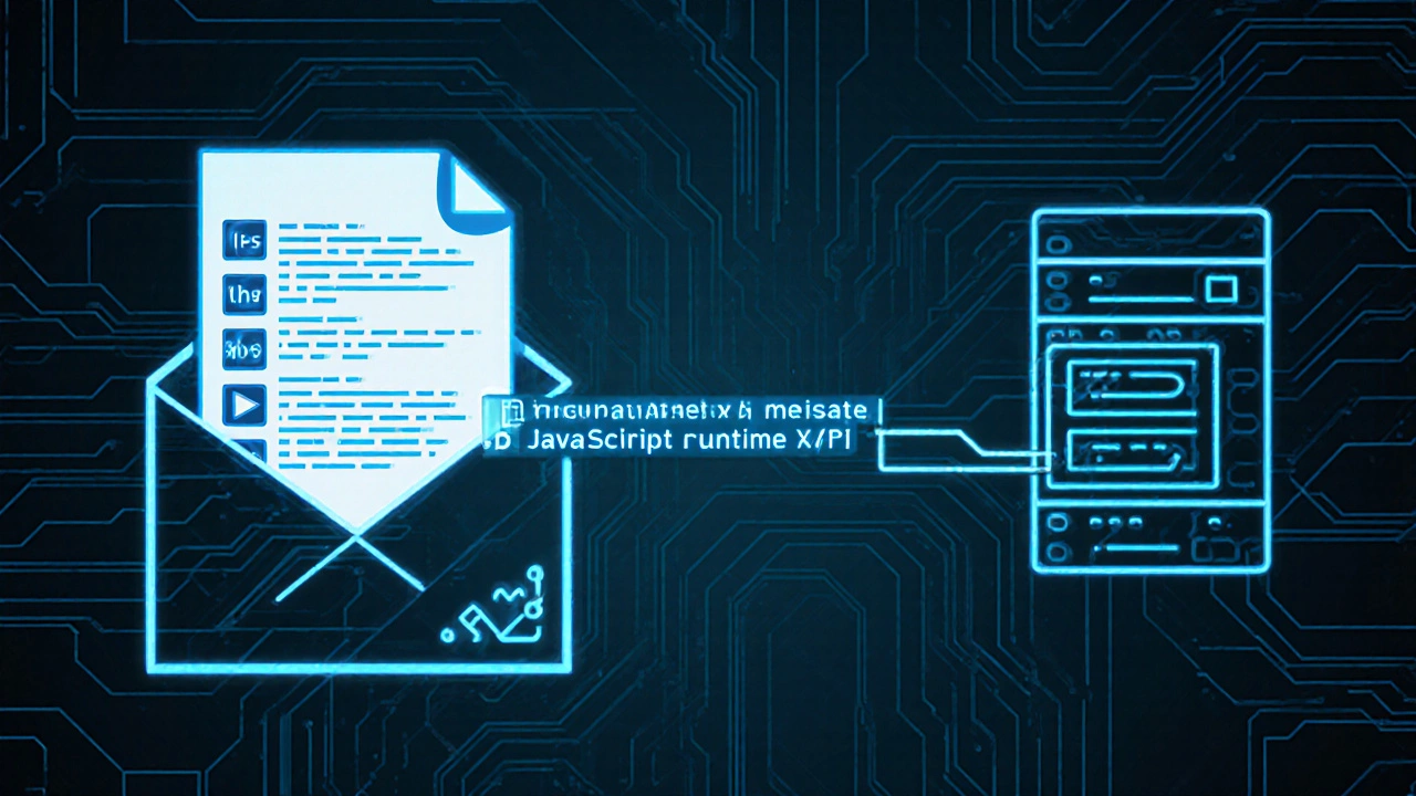 Blueprint view of a SCORM ZIP package with manifest file, code lines, and API connections to an LMS server.