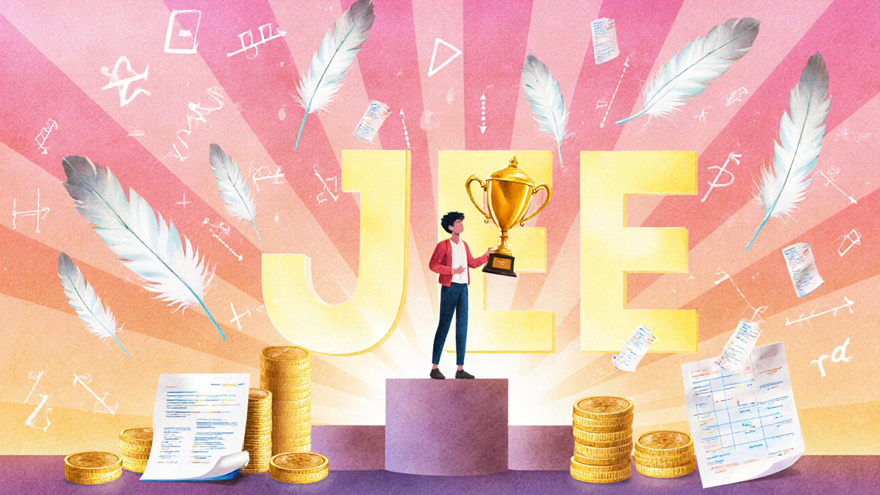 Celebrating student holding a trophy with a JEE rank number, symbolizing success and savings.