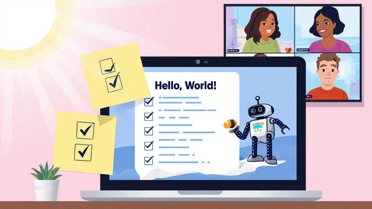 Coding workspace with Hello World screen, checklist, and small project animation.