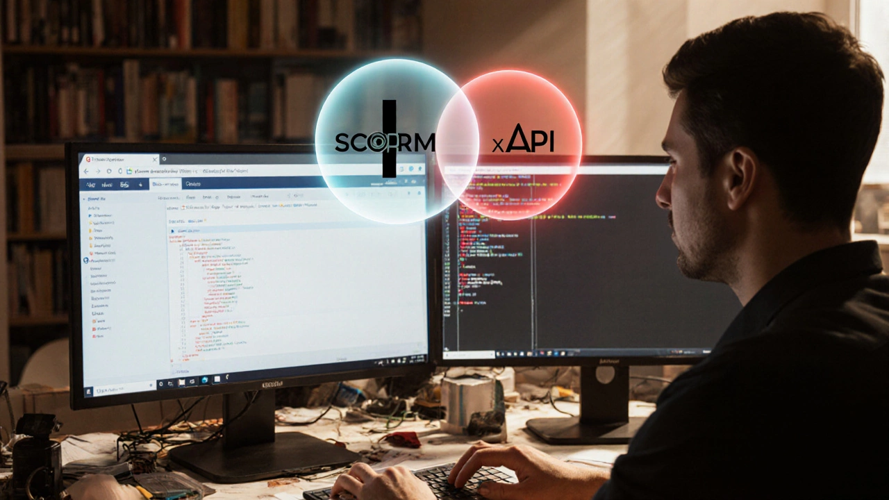Developer at a desk troubleshooting SCORM, with dual monitors and a holographic SCORM‑xAPI overlay.