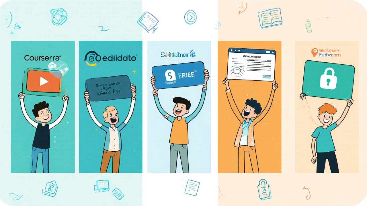 Five panels showing MOOC platforms with audit option and locked certificate price tags.