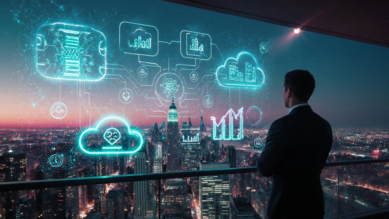 Futuristic city skyline with holographic tech overlays, person gazing toward a prosperous future.