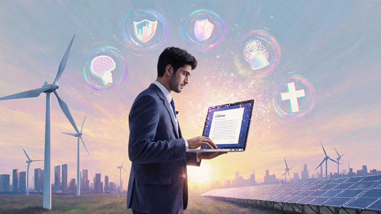 Graduate looking at a digital diploma with swirling icons of future career fields.