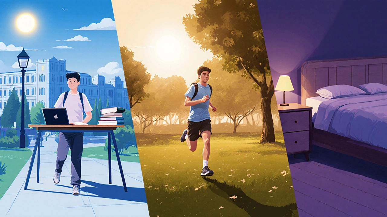 Illustrated daily schedule of a JEE aspirant from sunrise study to evening exercise to bedtime sleep.