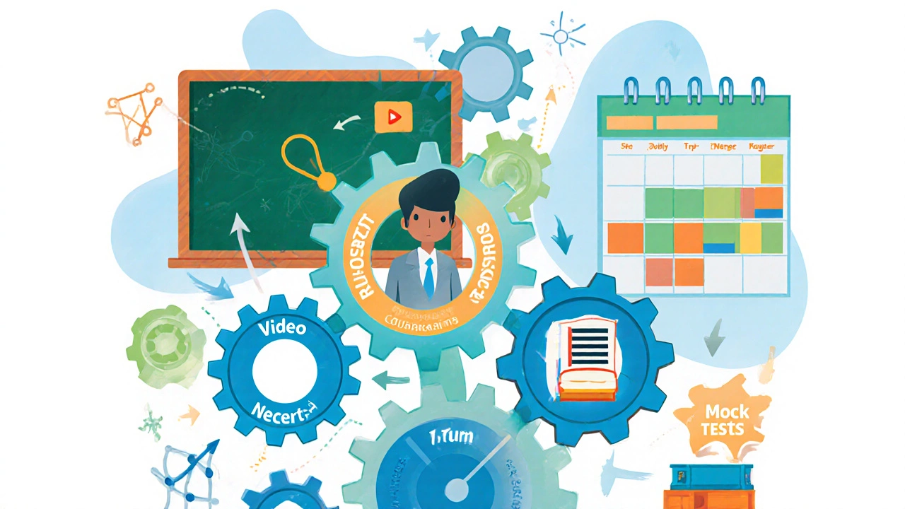 Illustrated mechanical engine representing self‑study components like books and videos connected to a student.