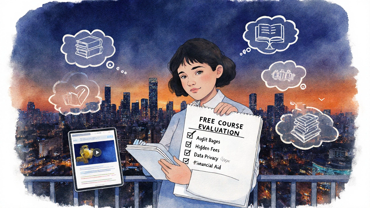 Learner on balcony checking a free course evaluation checklist against city backdrop.