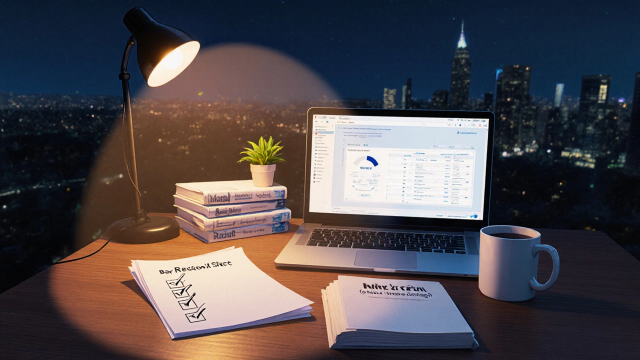 Nighttime desk with checklist, books, laptop, and coffee, symbolizing bar‑prep plan.