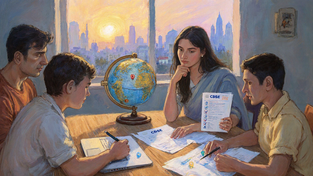Parents reviewing a checklist while a globe shows CBSE schools worldwide.