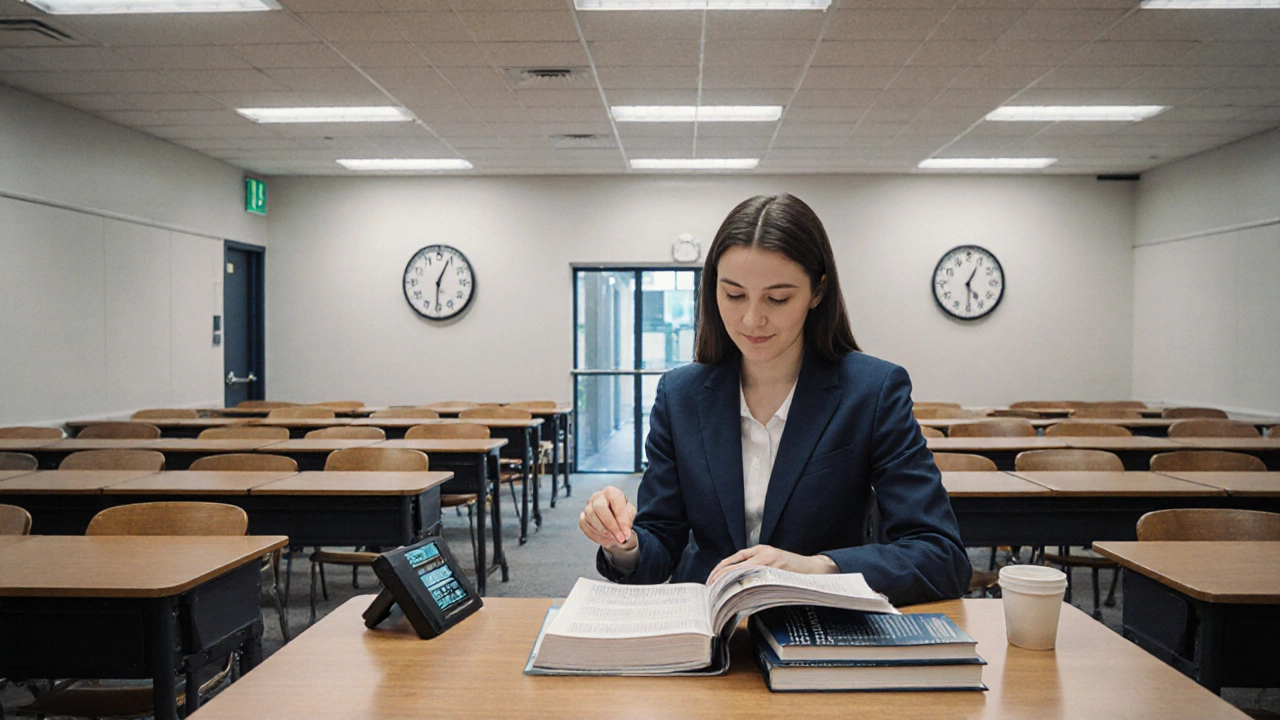 Photorealistic exam hall showing a candidate studying for California bar exam.