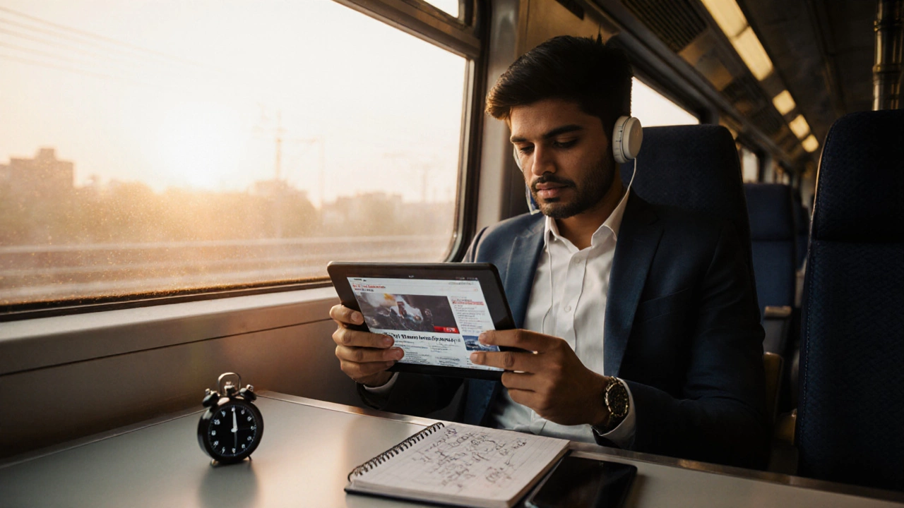 Photorealistic image of a commuter practicing shadowing with earbuds, notebook, and timer on a train.