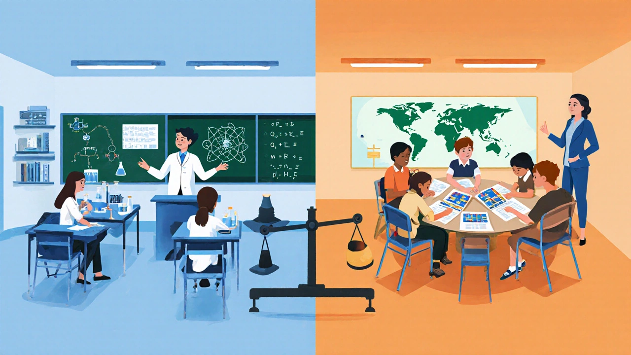 Side‑by‑side view of a CBSE science class and an IB project‑based classroom.