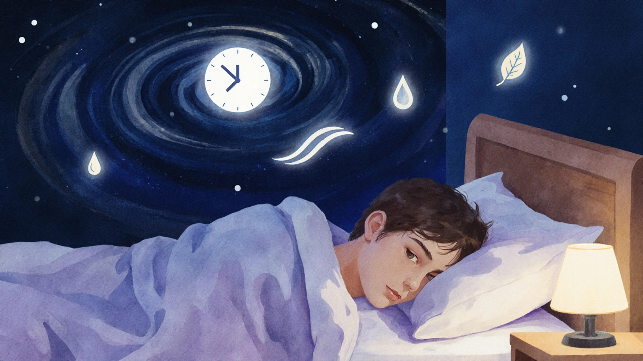 Sleeping teenager surrounded by dreamy night sky and faint symbols for melatonin, growth hormone, and cortisol.