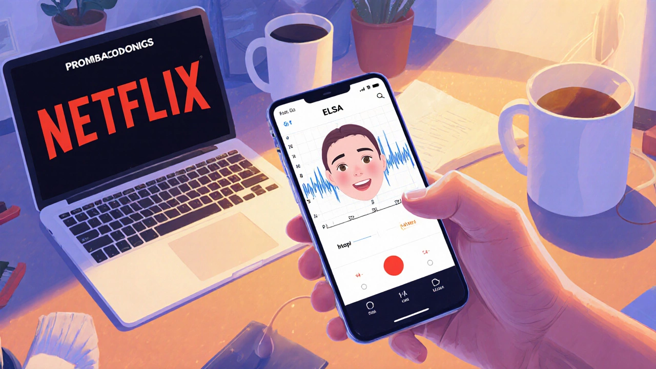 Smartphone displaying pronunciation feedback app while recording speech in a home setting.