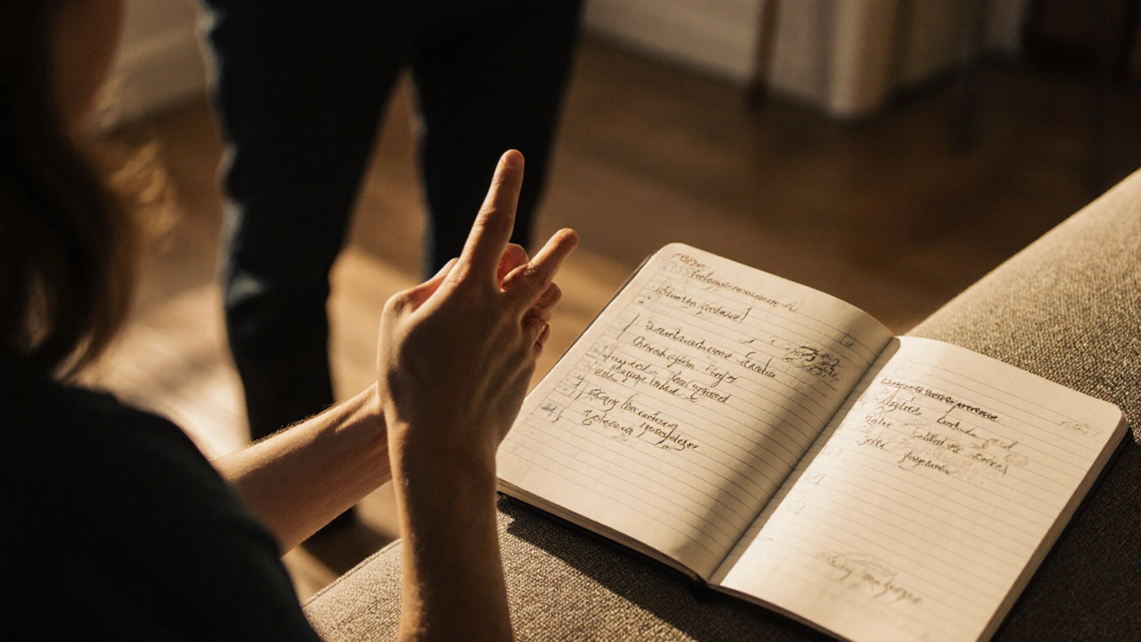 Someone giving a confident TED-style talk in a living room with a journal of daily English practice visible.