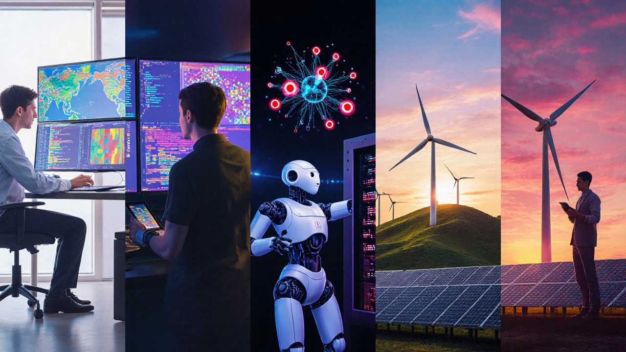 Split illustration showing five professionals in data, cybersecurity, AI, healthcare, and renewable energy.