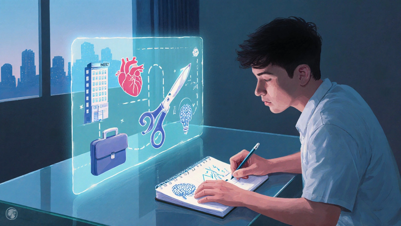 Student studying a glowing roadmap of surgery, entrepreneurship, and health‑tech pathways.