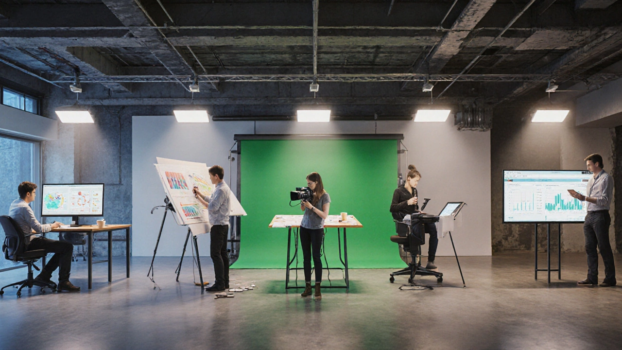 Studio workspace showing five stations for ADDIE phases in order.