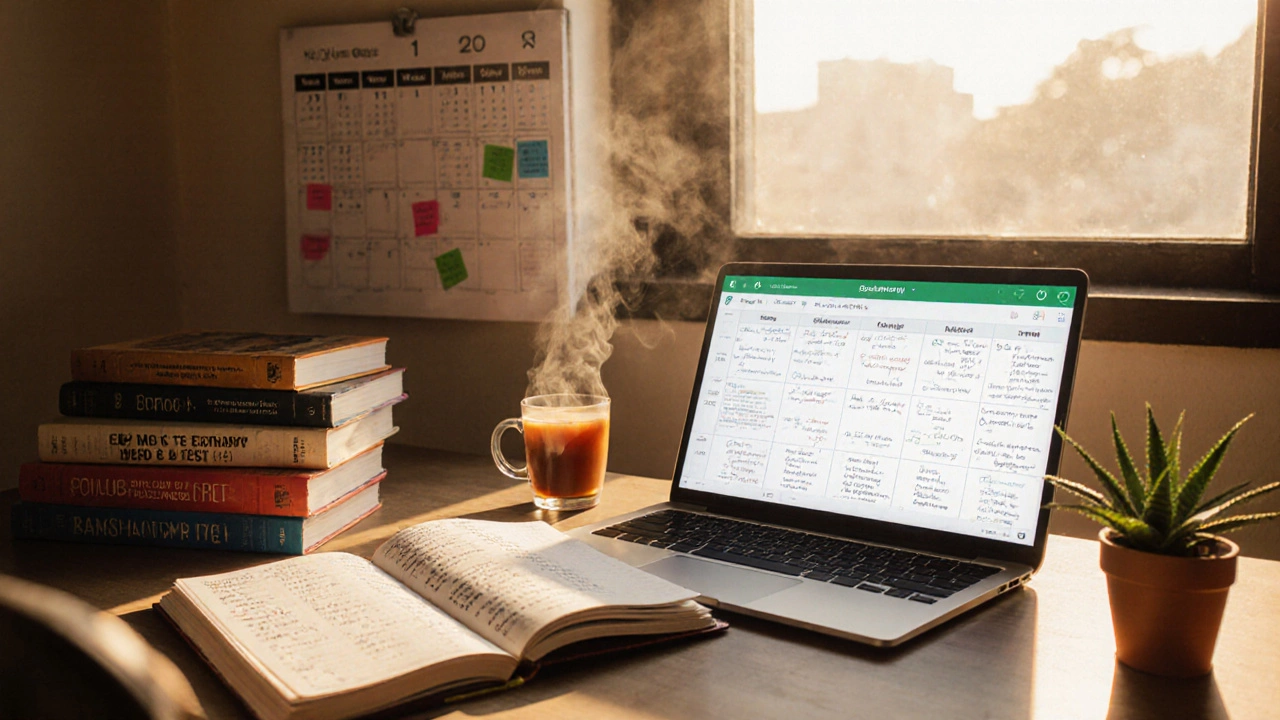 Study corner with formula sheets, mock test timer, calendar weeks, and a cup of chai.