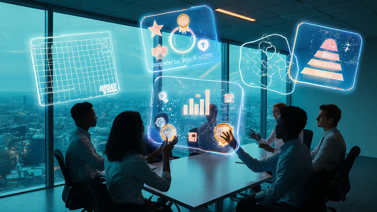 Team collaborating with holographic symbols of five eLearning models.