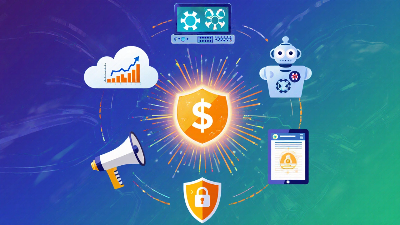 Vibrant collage of icons representing top high‑earning online skills surrounding a glowing dollar sign.