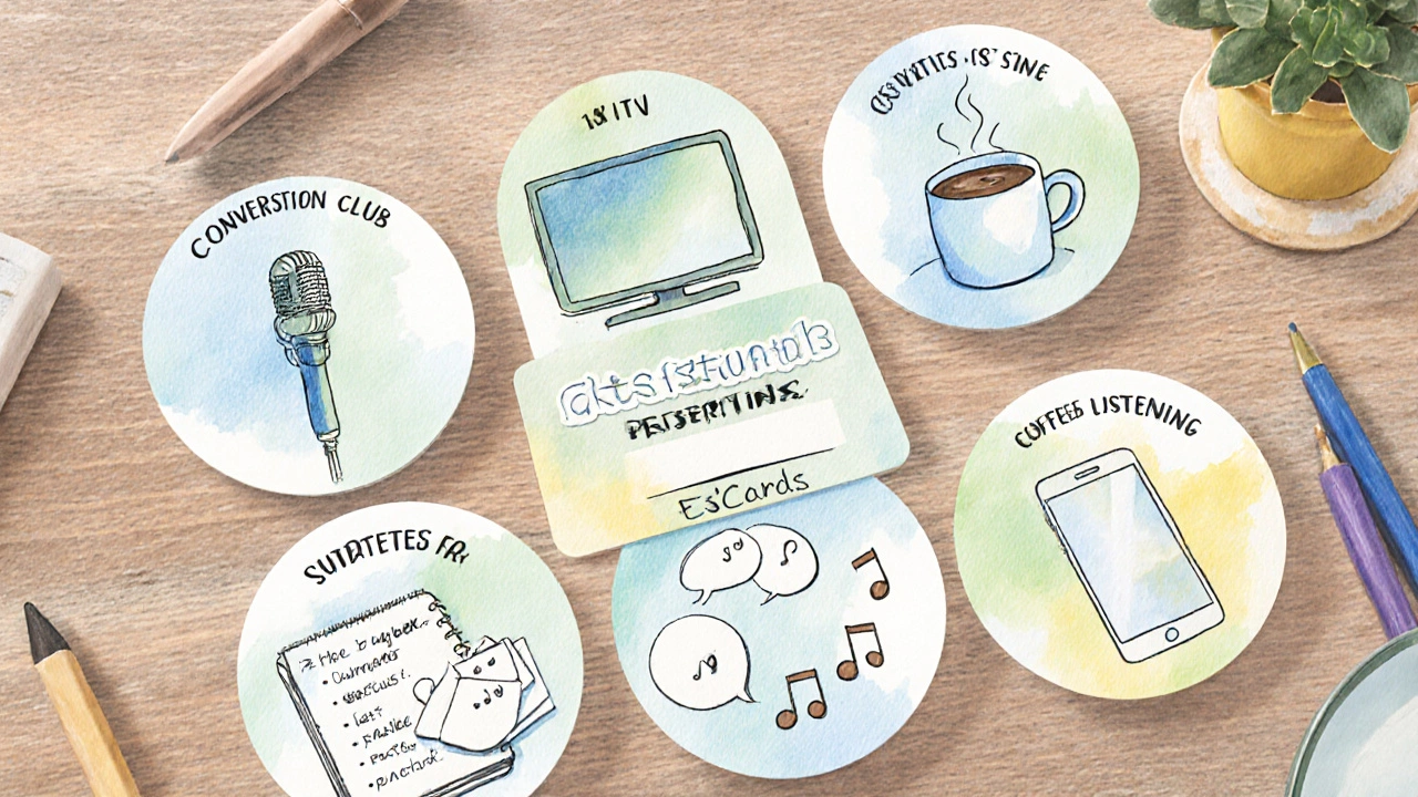 Watercolor of seven activity icons arranged on a table representing a weekly English immersion routine.